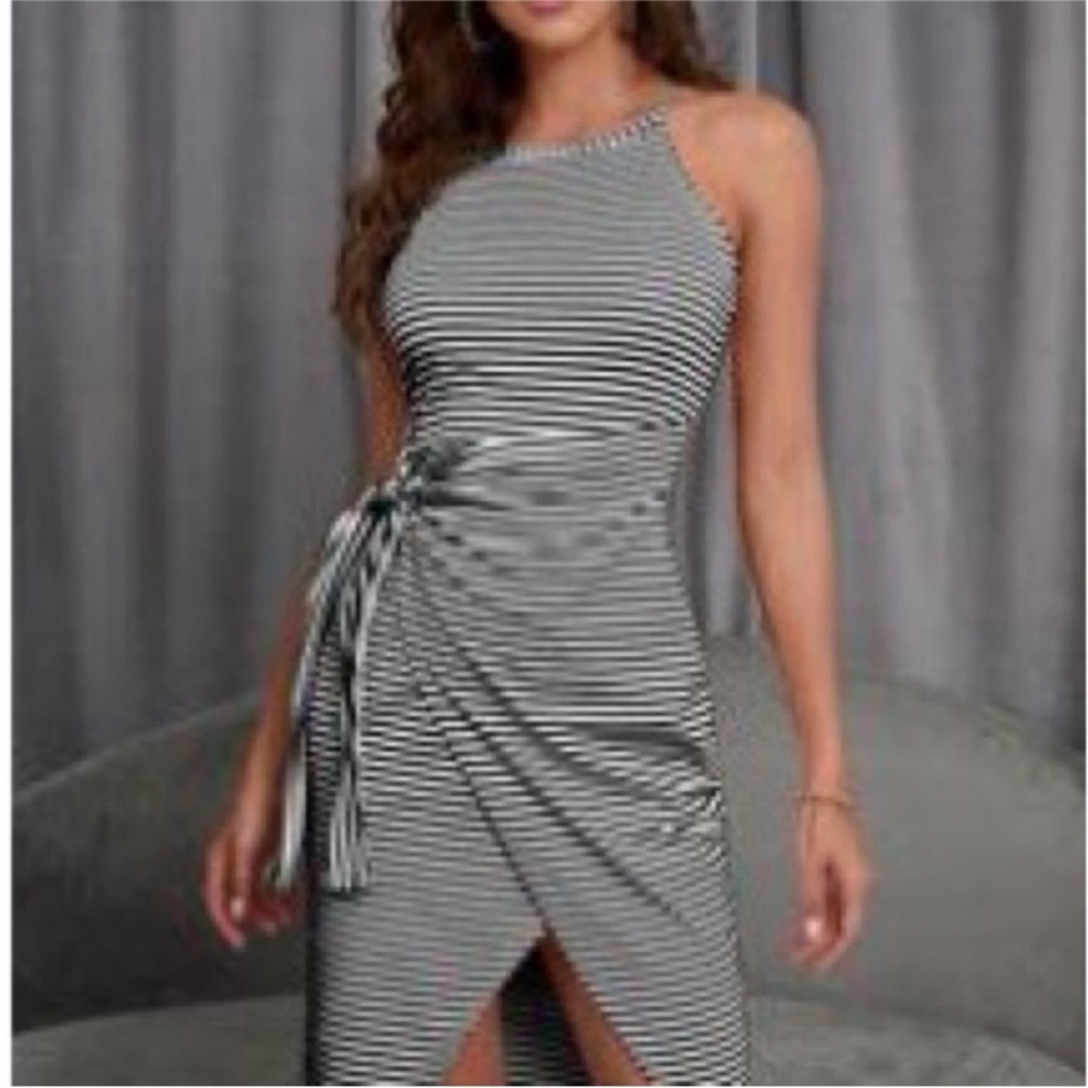 SHEIN Black & White Striped Tie-Waist Dress